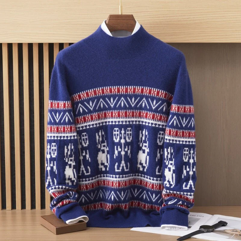Suéter de cachemira con patrón nórdico para hombre, cuello simulado, manga larga, punto cálido - Imagen 2