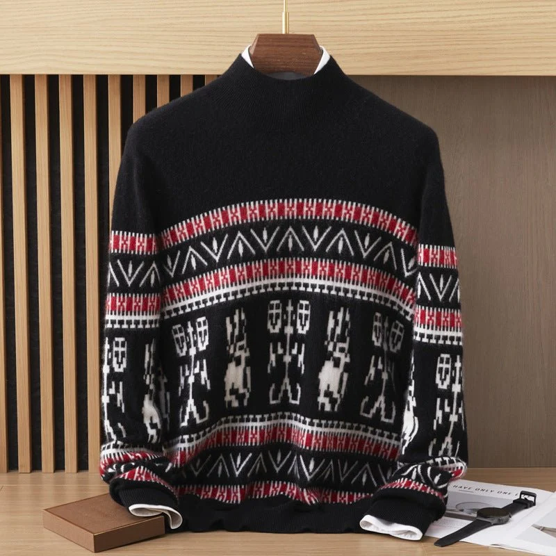 Suéter de cachemira con patrón nórdico para hombre, cuello simulado, manga larga, punto cálido - Imagen 5