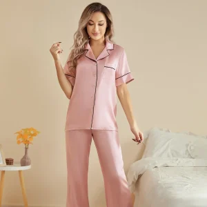 Conjunto de pijama de seda de manga corta para mujer con ribetes