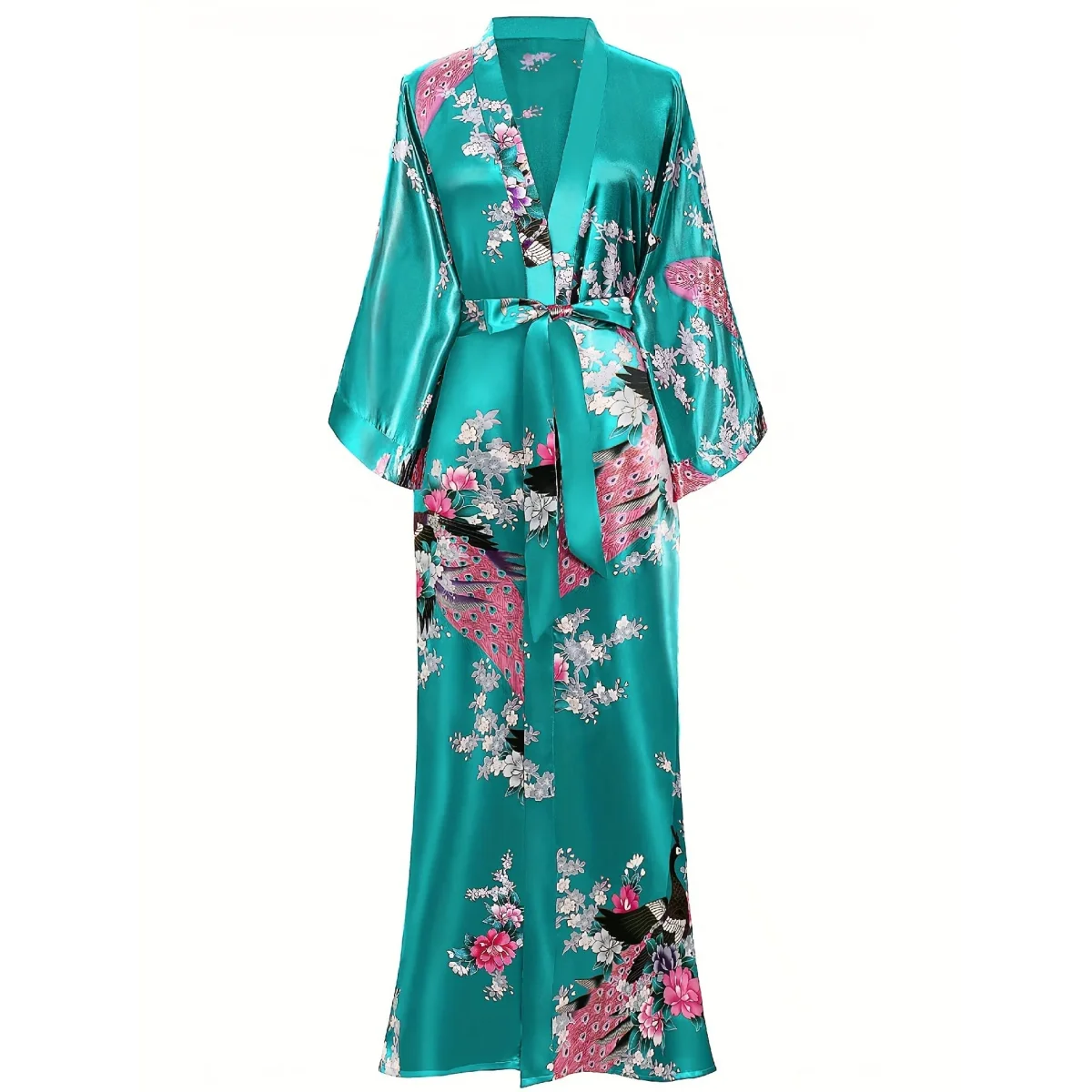 Kimono de seda para mujer, ropa de dormir pintada a mano con pavo real y flores