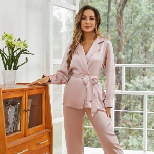 Conjunto de pijama y bata de seda para mujer Ropa de dormir de seda de manga larga