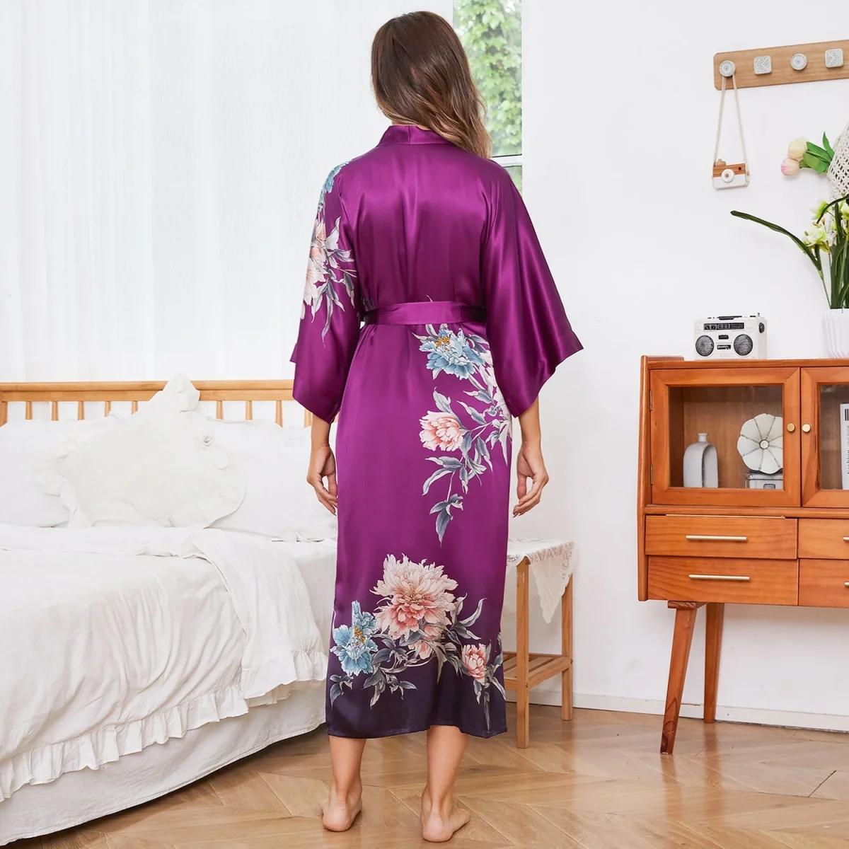 Mujeres ombre estampado floral seda kimono bata de seda larga túnica de seda - Imagen 6