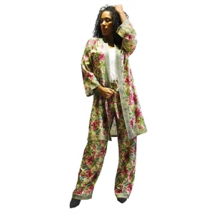 Pantalón y kimono largo de semiseda estampada