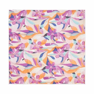 Pañuelo de semiseda cuadrado blanco con flores malva 70×70 cm