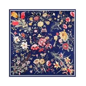 Pañuelo de semi seda XL Flores azul marino