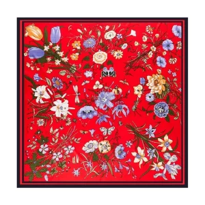 Pañuelo de semi seda XL  Flores rojo