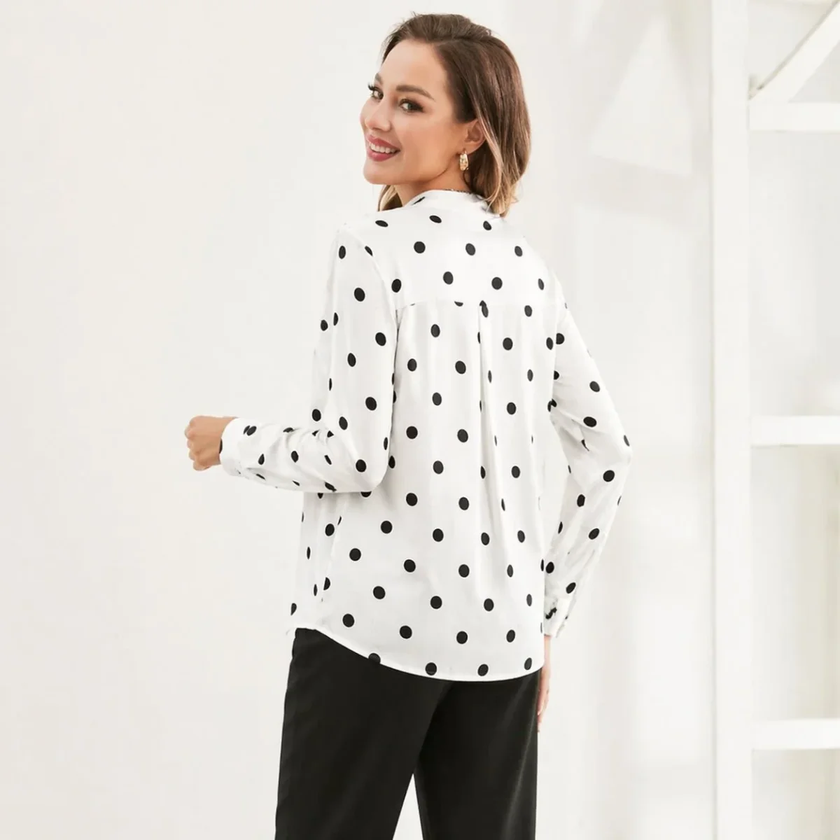 Blusa de seda con lunares, cuello con pajarita, camisa con botones de seda, blusas de seda para mujer - Imagen 3
