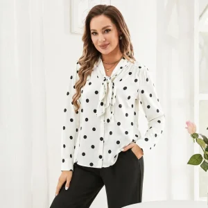 Blusa de seda con lunares, cuello con pajarita, camisa con botones de seda, blusas de seda para mujer