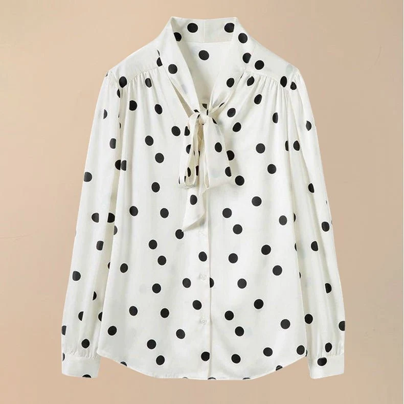 Blusa de seda con lunares, cuello con pajarita, camisa con botones de seda, blusas de seda para mujer - Imagen 4