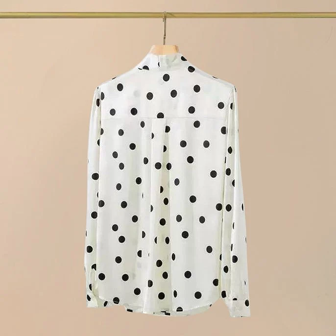 Blusa de seda con lunares, cuello con pajarita, camisa con botones de seda, blusas de seda para mujer - Imagen 5