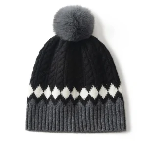 Gorro acogedor con pompón y punto de ochos de cachemira con estampado geométrico