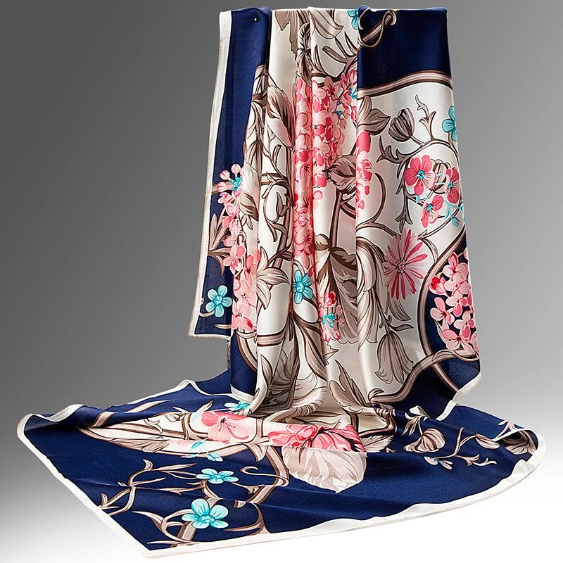 Bufanda de seda larga pura para mujer Bufandas de seda cuadradas con estampado floral - Imagen 6