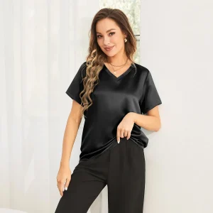 Blusas de seda pura manga corta para mujer top de seda pura