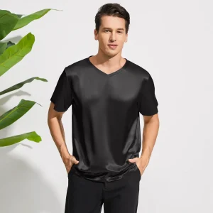 Camisetas de seda pura para hombres TEE Top de seda con cuello en V de lujo