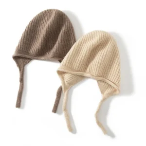 Gorro con orejeras de cachemira acanalado y lazos Gorro cálido de cachemira para mujer