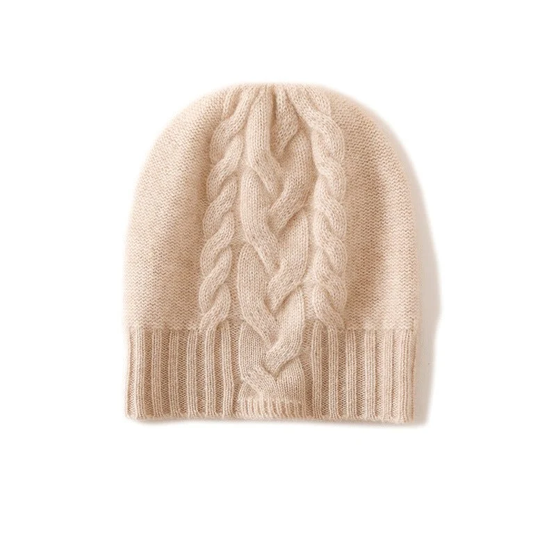 Gorro de cachemira con borde acanalado Gorro de cachemira con patrón trenzado para mujer - Imagen 3
