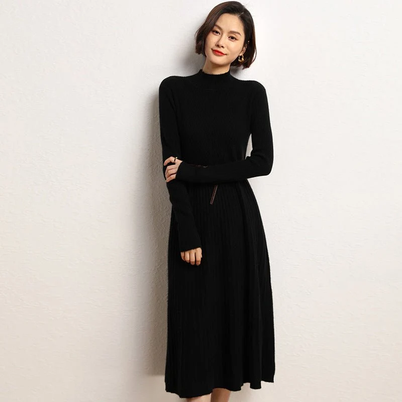 Vestido midi de cachemira de punto acanalado Vestido de cachemira con cuello simulado para mujer - Imagen 5