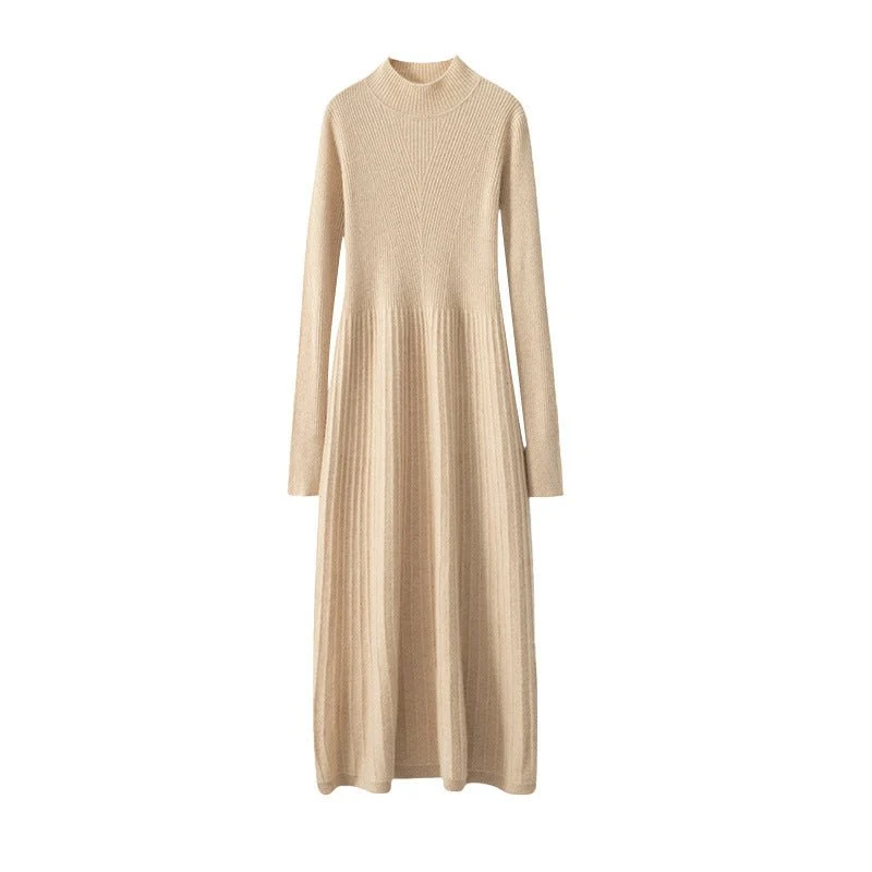 Vestido midi de cachemira de punto acanalado Vestido de cachemira con cuello simulado para mujer - Imagen 4