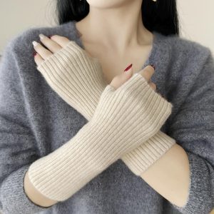 Guantes acanalados de pura cachemira Calentadores de muñeca de cachemira Manoplas largas de cachemira