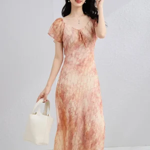 Vestido romántico de seda de verano con mangas abullonadas Vestido largo de seda para mujer Vestido floral de seda