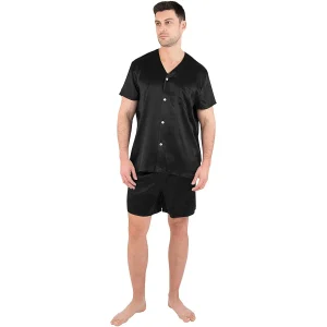 Conjunto de pantalones cortos de seda para hombre con botones y pijama de seda para hombre