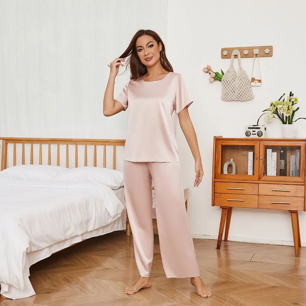 Conjunto de pijama de seda con pantalones anchos y manga corta para mujer - Imagen 7