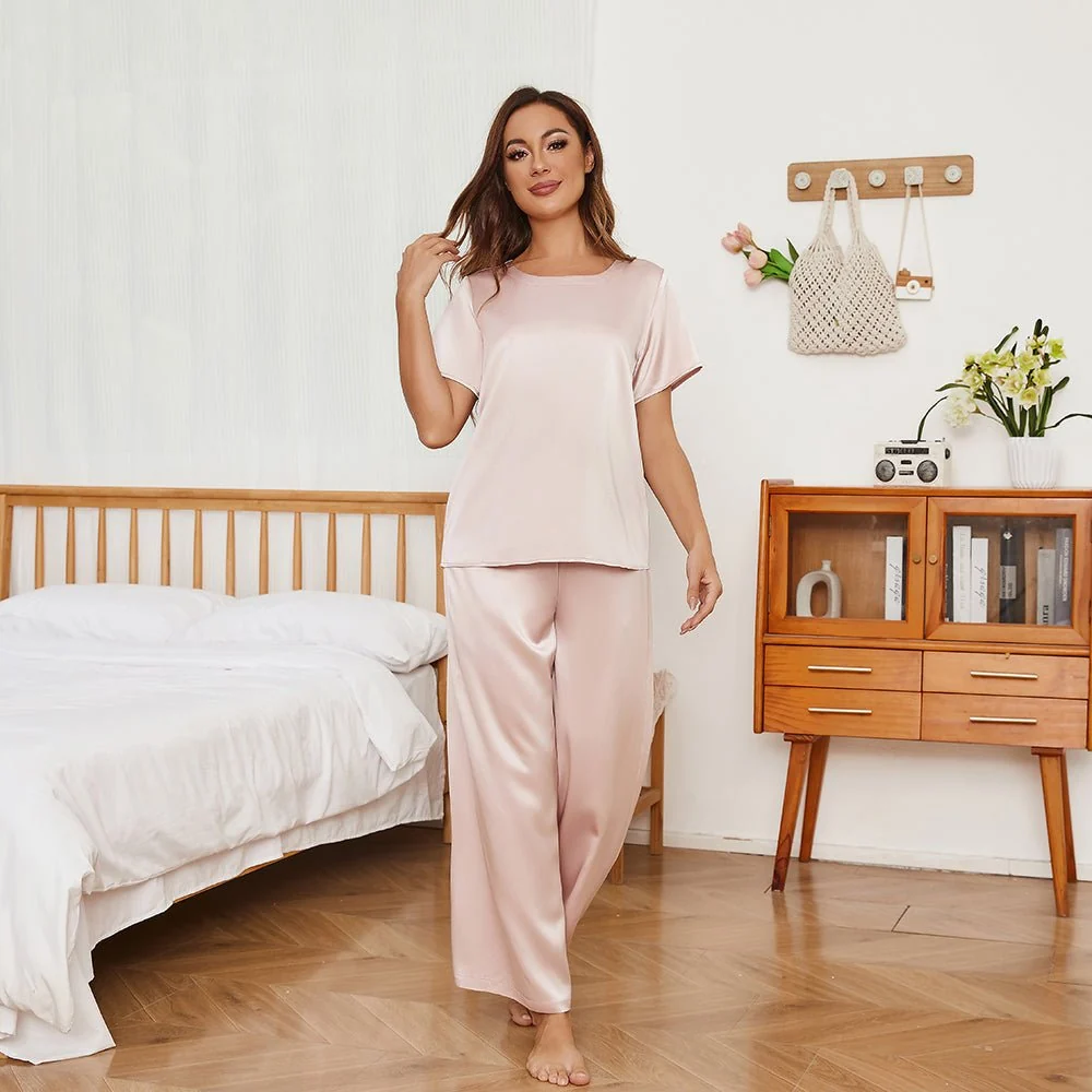 Conjunto de pijama de seda con pantalones anchos y manga corta para mujer
