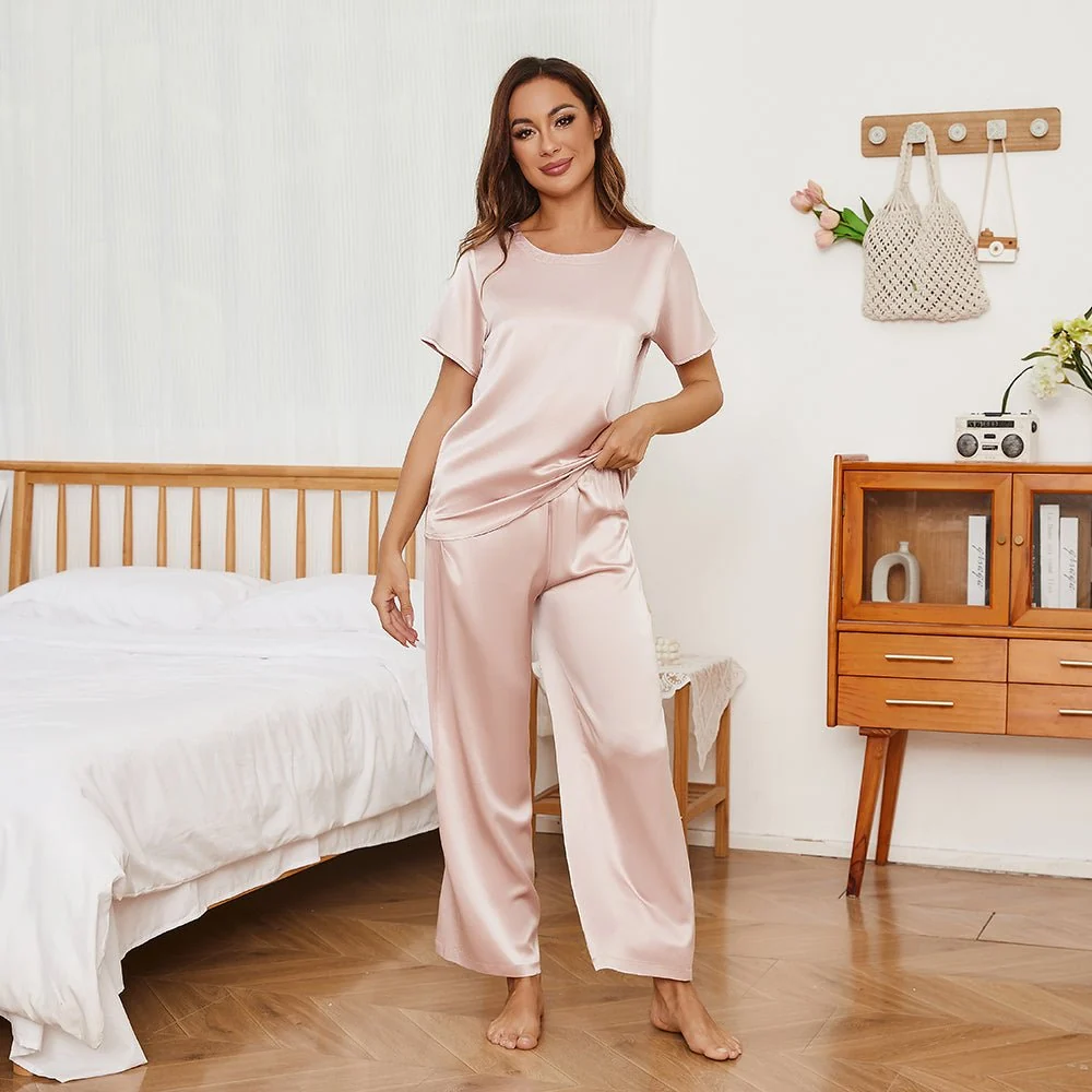 Conjunto de pijama de seda con pantalones anchos y manga corta para mujer - Imagen 5