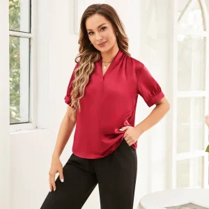 Blusa de seda de mujer blusa roja seda seda camisa de manga corta v cuello camisa de seda