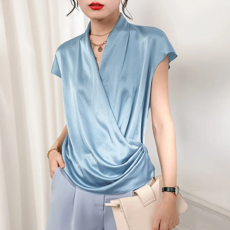 Blusa de seda para mujer de manga corta Camisas cruzadas de seda con cuello en V - Imagen 2