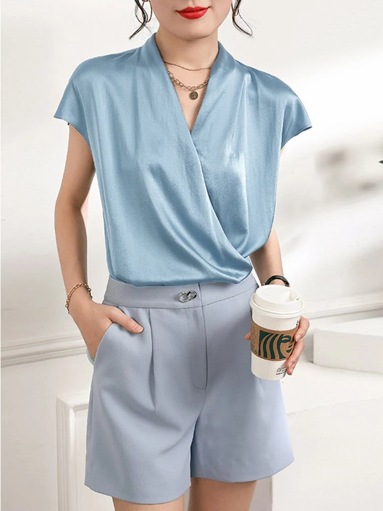 Blusa de seda para mujer de manga corta Camisas cruzadas de seda con cuello en V - Imagen 6