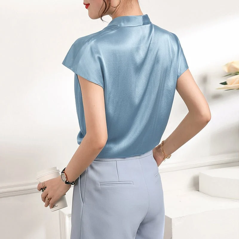 Blusa de seda para mujer de manga corta Camisas cruzadas de seda con cuello en V - Imagen 5