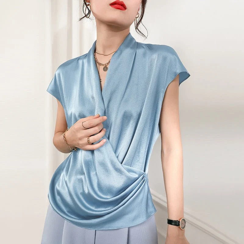 Blusa de seda para mujer de manga corta Camisas cruzadas de seda con cuello en V - Imagen 4