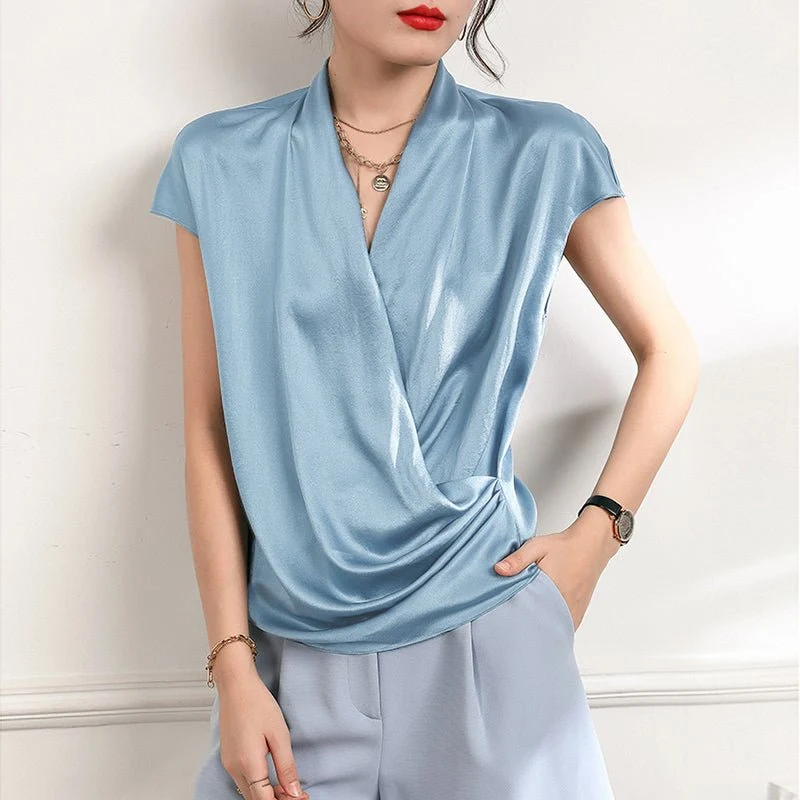 Blusa de seda para mujer de manga corta Camisas cruzadas de seda con cuello en V - Imagen 3
