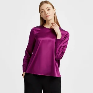 Blusa de seda con cuello redondo para mujer Camisa de seda de manga larga