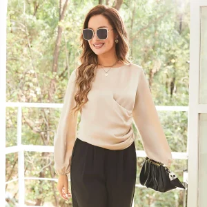 Mujeres blusas de seda elegante manga larga envoltura de seda plisada