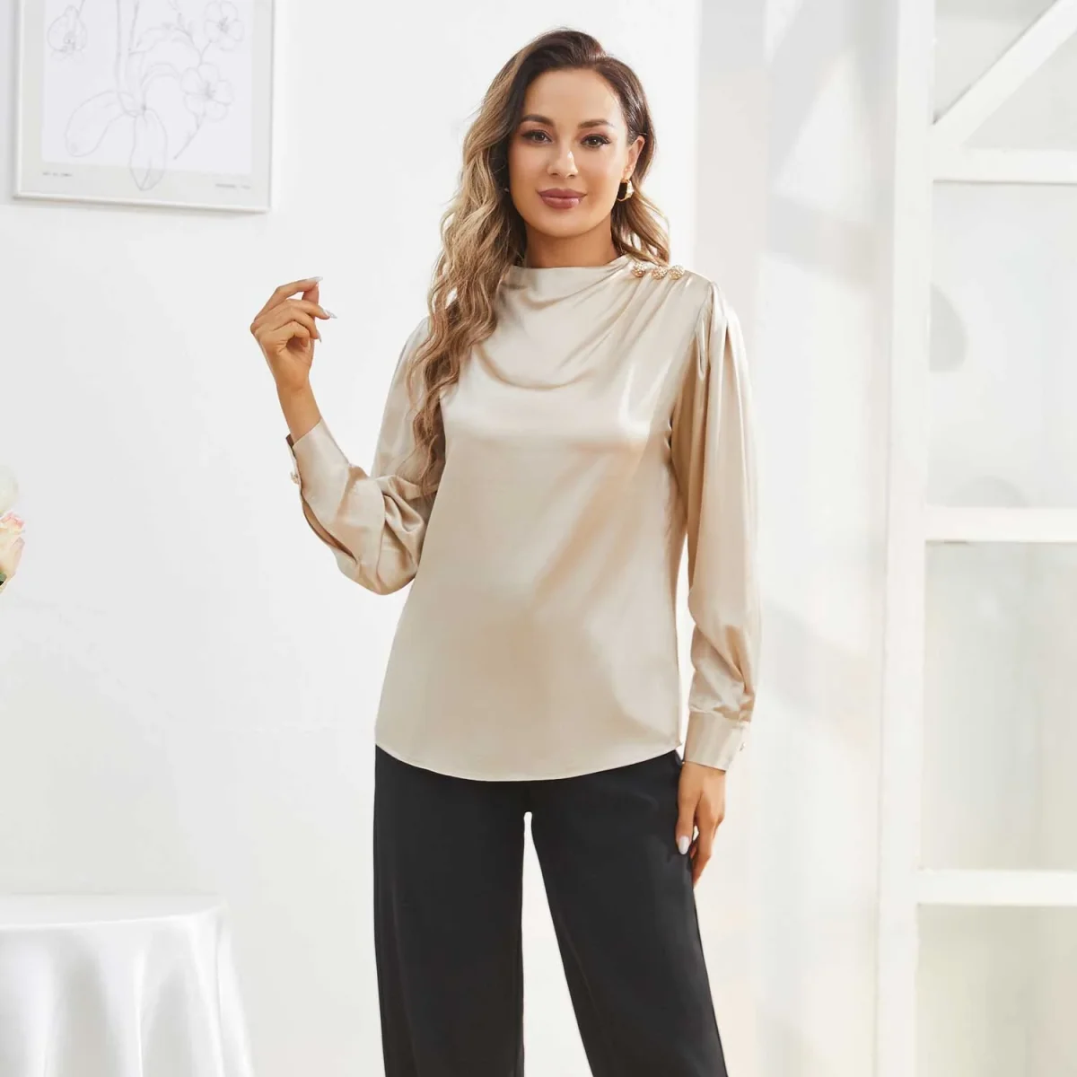 Blusas de seda para mujeres Camisas de seda de cuello largo y vestido - Imagen 6