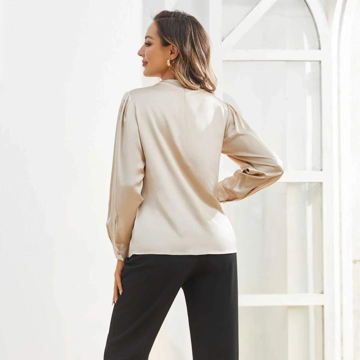 Blusas de seda para mujeres Camisas de seda de cuello largo y vestido - Imagen 9