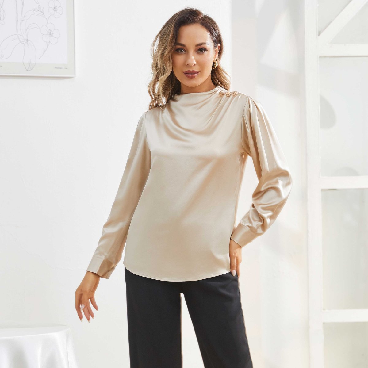Blusas de seda para mujeres Camisas de seda de cuello largo y vestido - Imagen 5