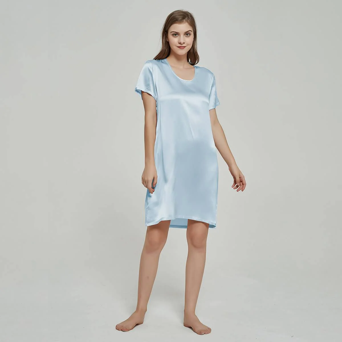 Silk Chemise Manga corta para mujeres Nightdress de seda de cuello redondo - Imagen 7