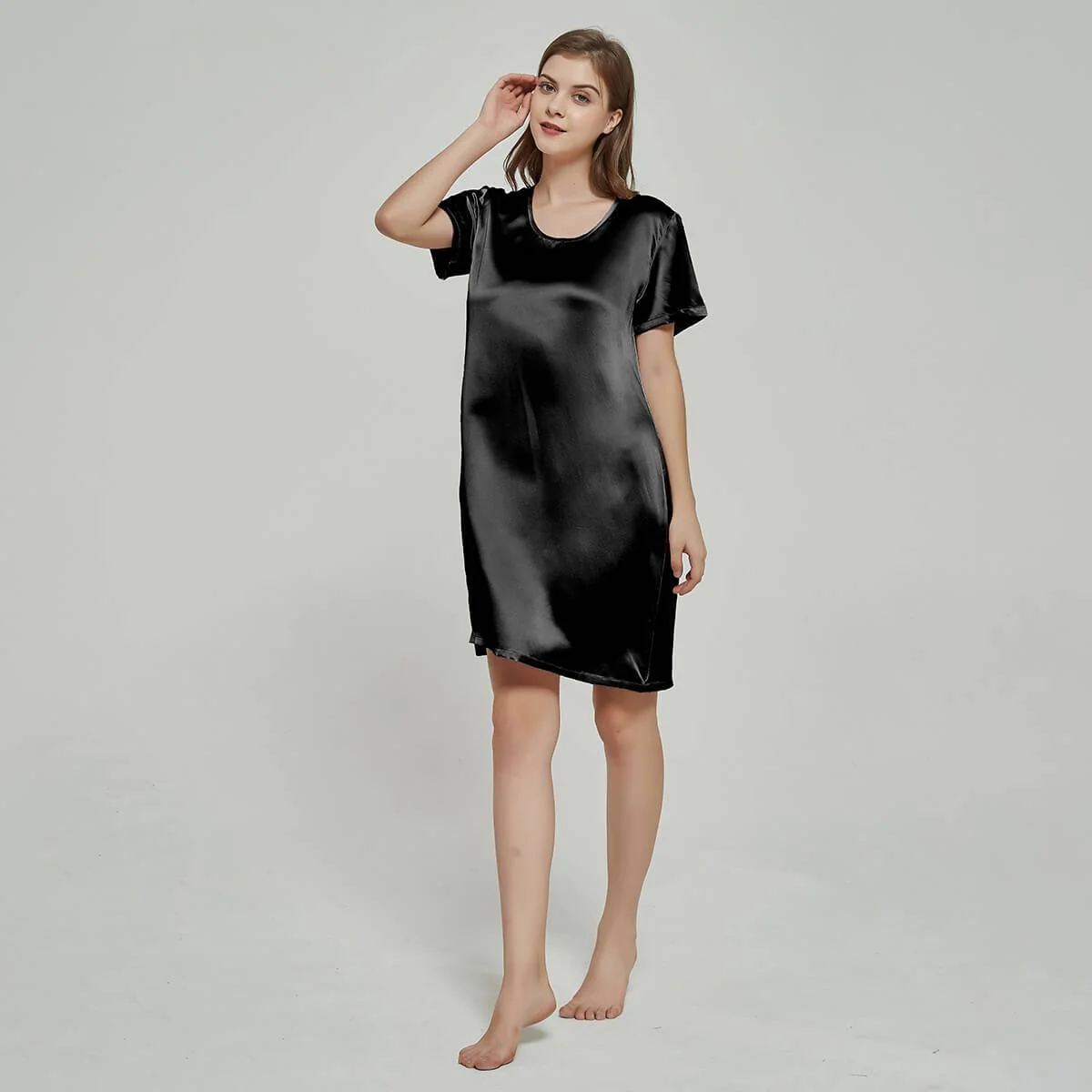Silk Chemise Manga corta para mujeres Nightdress de seda de cuello redondo - Imagen 3