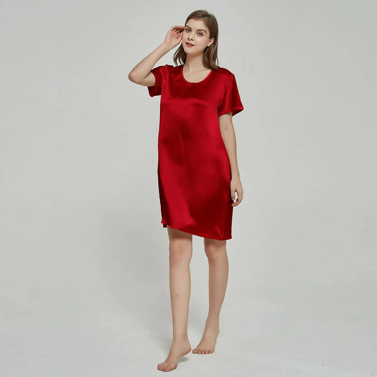 Silk Chemise Manga corta para mujeres Nightdress de seda de cuello redondo - Imagen 4