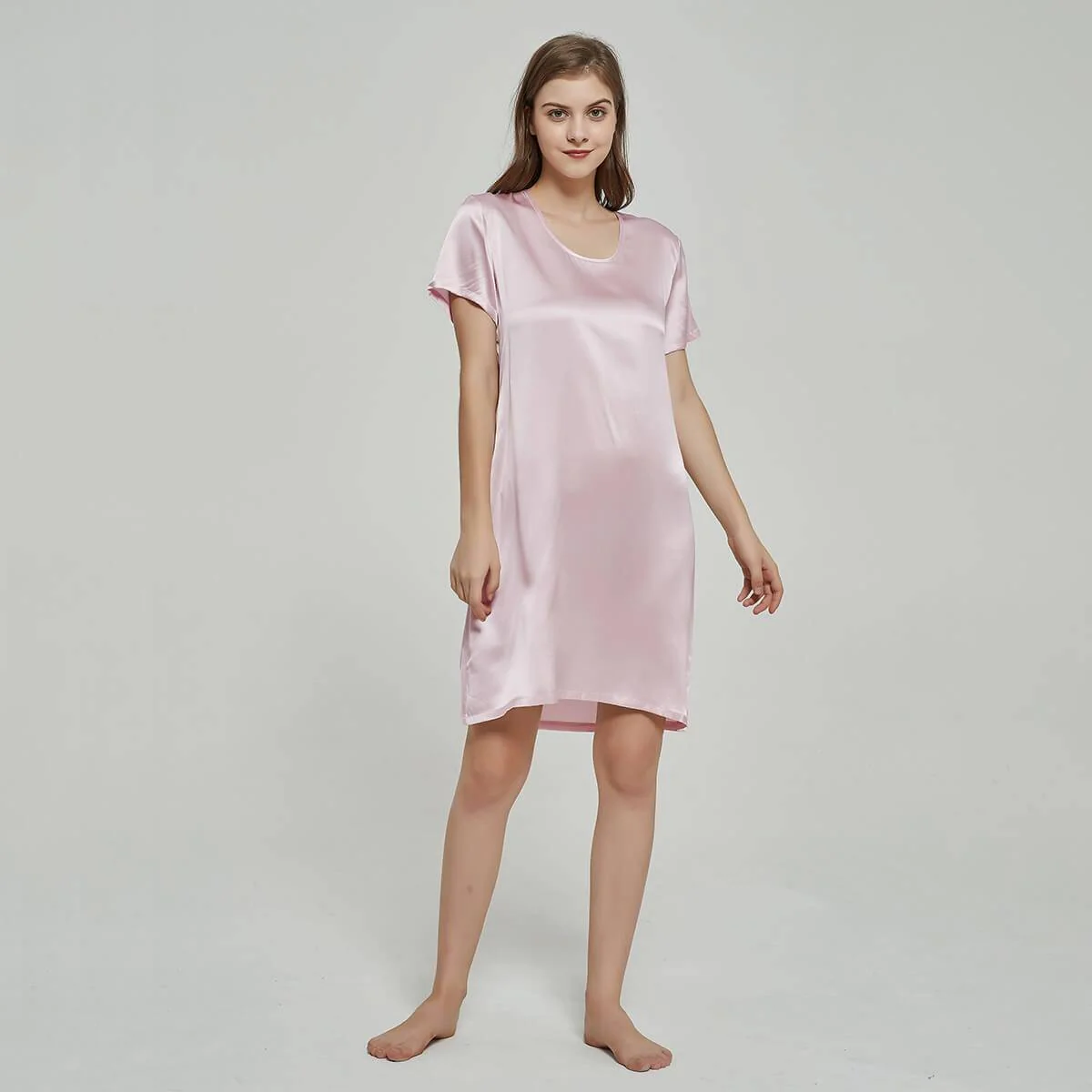 Silk Chemise Manga corta para mujeres Nightdress de seda de cuello redondo - Imagen 9