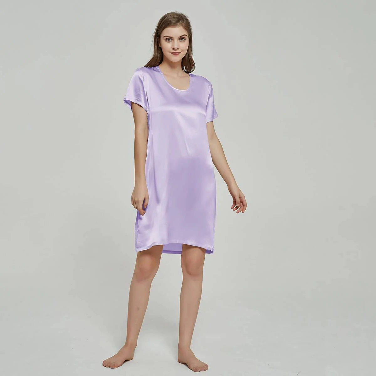 Silk Chemise Manga corta para mujeres Nightdress de seda de cuello redondo - Imagen 6