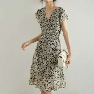 Vestido floral de seda para mujer Vestido midi de seda Vestido de verano Georgette