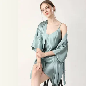 Conjuntos de dos piezas de camisón de seda a juego para mujer