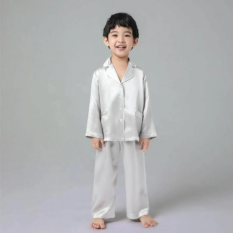 Conjunto de pijama clásico de seda de manga larga para niño con ribetes - Imagen 6