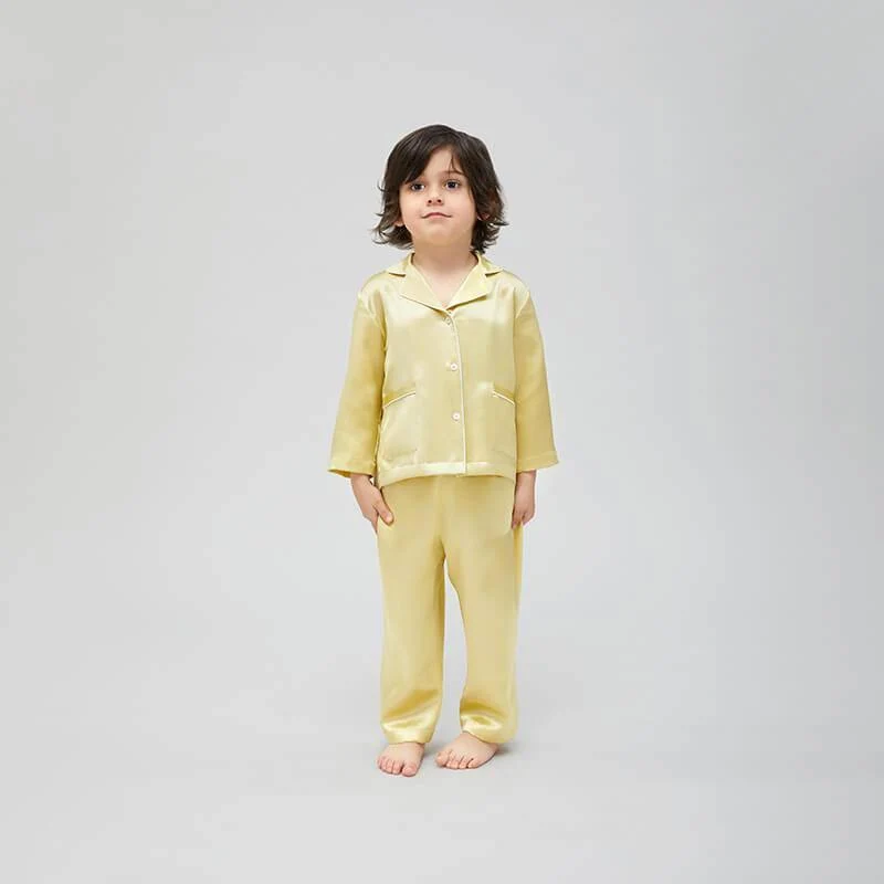 Conjunto de pijama clásico de seda de manga larga para niño con ribetes - Imagen 4