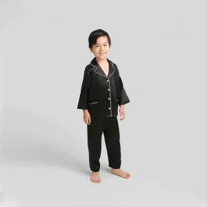 Conjunto de pijama clásico de seda de manga larga para niño con ribetes