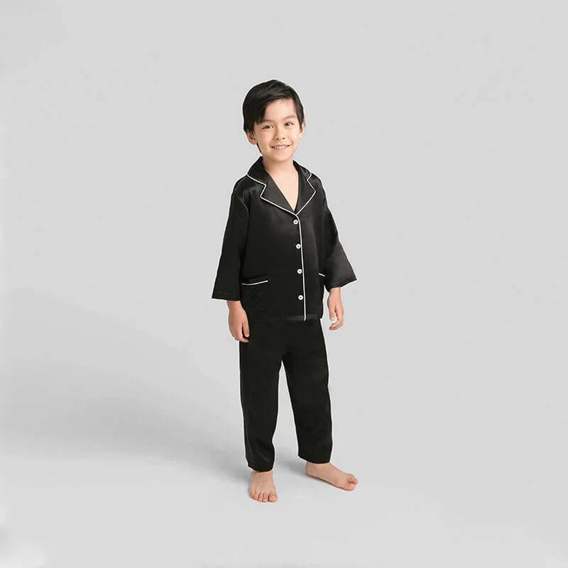 Conjunto de pijama clásico de seda de manga larga para niño con ribetes